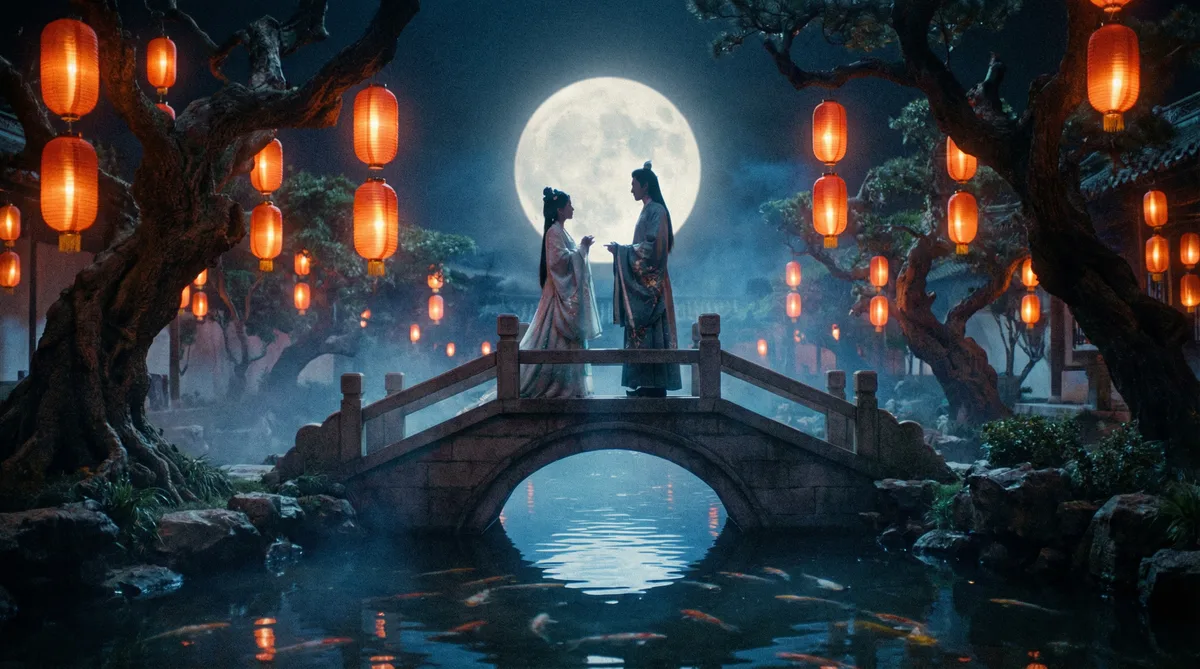 蜜桃视频古典爱情片剧照-月下花园浪漫场景